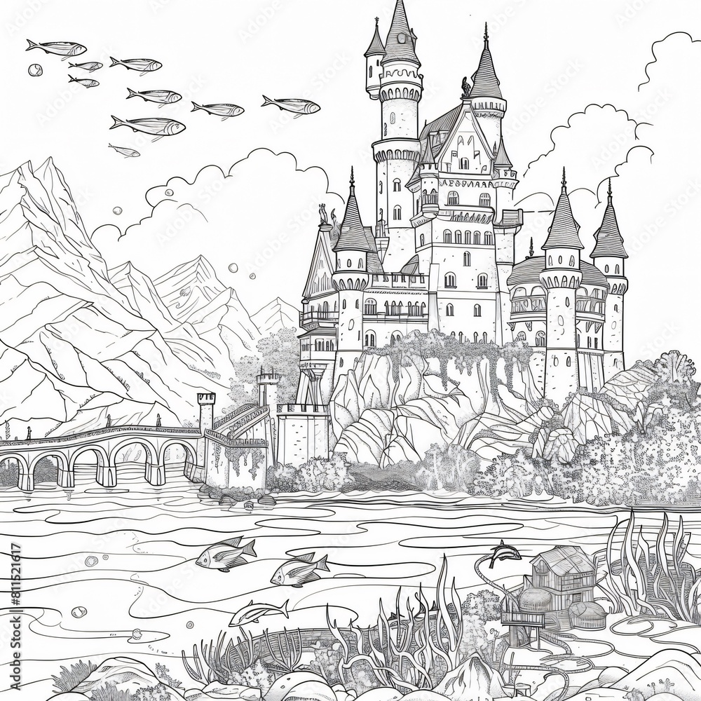 Coloring pictures for children and adults A castle under the sea with fish swimming around.