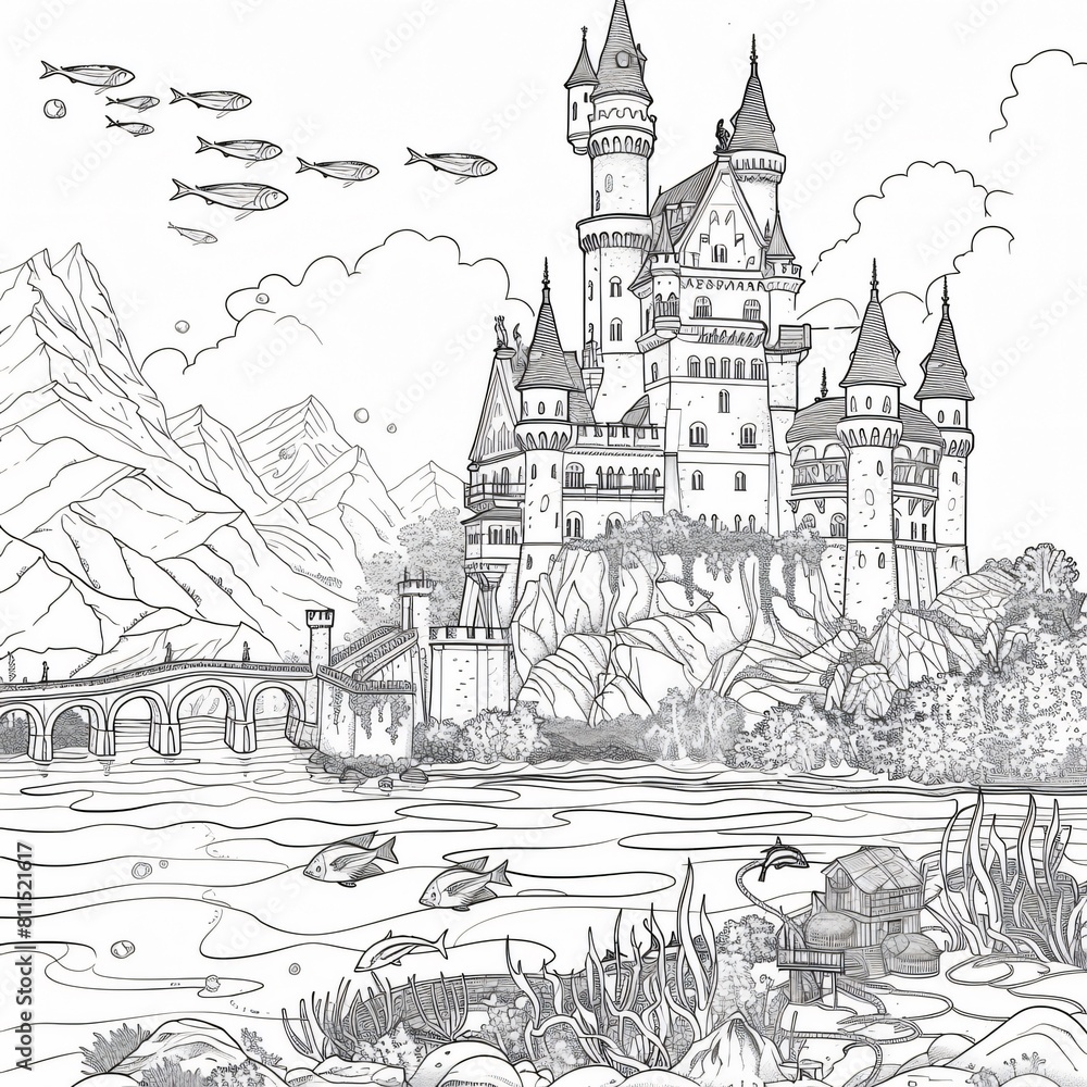 Obraz premium Coloring pictures for children and adults A castle under the sea with fish swimming around.