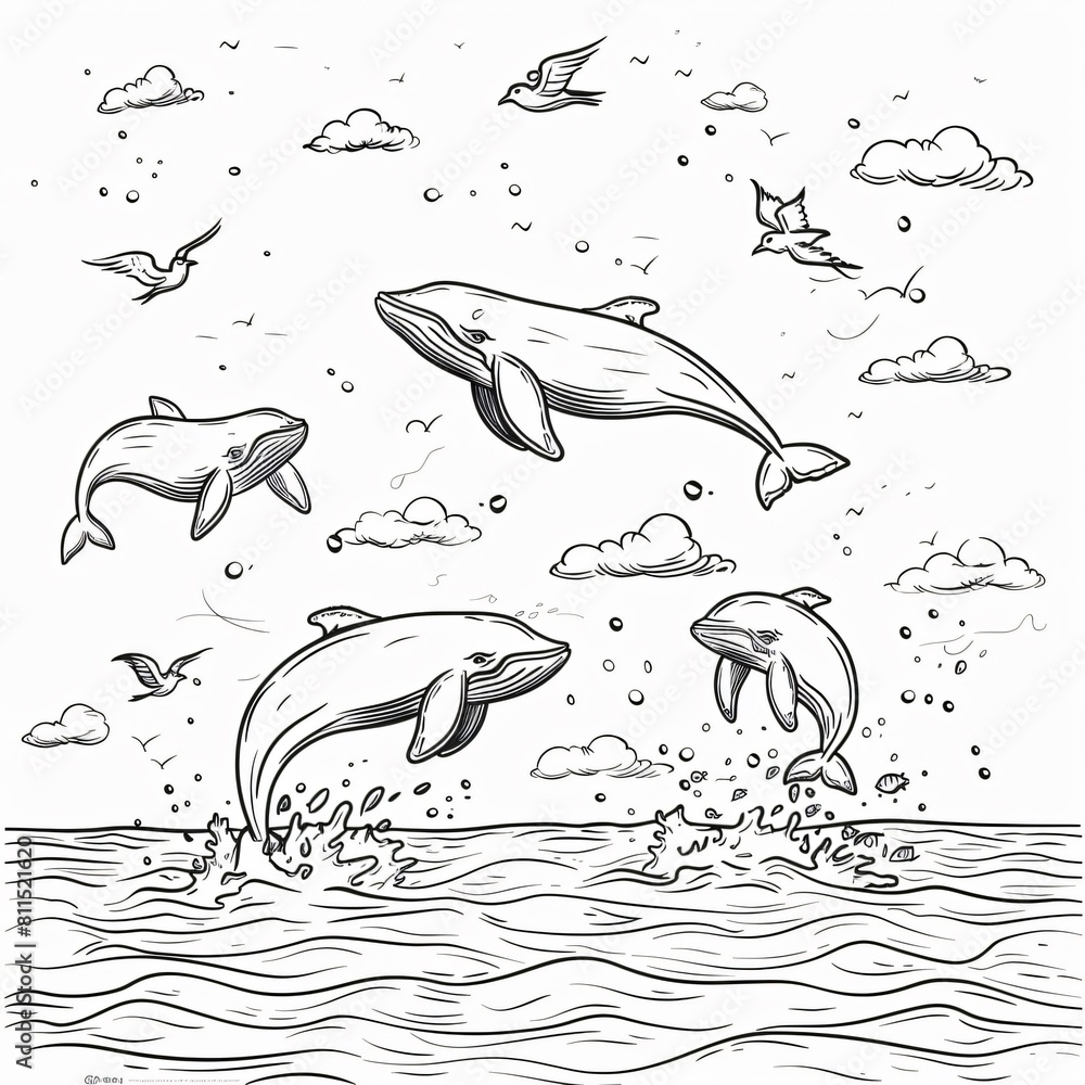 Fototapeta premium Coloring pictures for children and adults Pictures of humpback whales rising above the sea and birds flying in the sky.