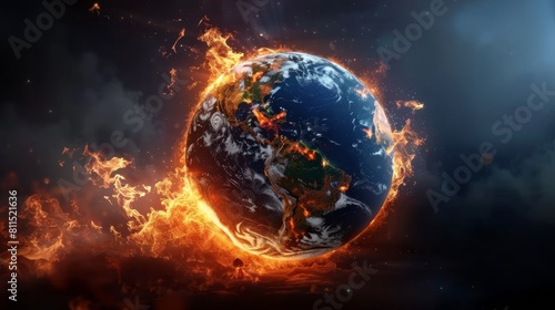 3D Render of Planet Earth Engulfed in Flames: A Hyper-Realistic Depiction of Global Warming and Environmental Crisis, Showing Earth Melting and Burning Against a Dark Background