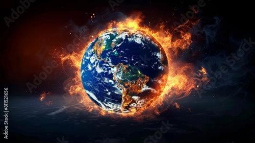 3D Render of Planet Earth Engulfed in Flames  A Hyper-Realistic Depiction of Global Warming and Environmental Crisis  Showing Earth Melting and Burning Against a Dark Background