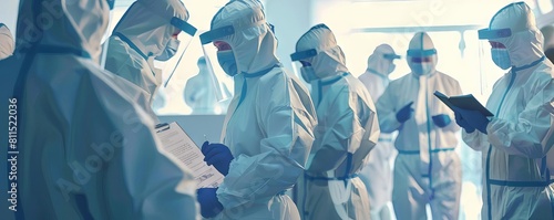 A medical team practicing pandemic protocols with PPE, examining temperature logs and health records