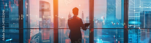 A professional using a tablet to compare historical data trends, standing before a panoramic window overlooking a financial district photo