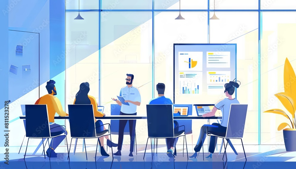 A project manager leading a daily standup meeting in a bright, glasswalled conference room A project manager leading a daily standup meeting in a bright, glasswalled conference room