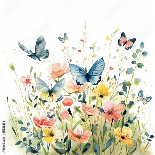 The watercolor painting features a lovely garden scene with butterflies fluttering around flowers  simple yet engaging  Clipart minimal watercolor isolated on white background