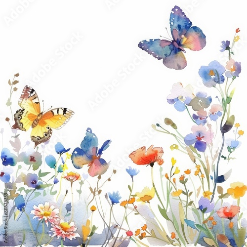 The watercolor painting features a lovely garden scene with butterflies fluttering around flowers  simple yet engaging  Clipart minimal watercolor isolated on white background