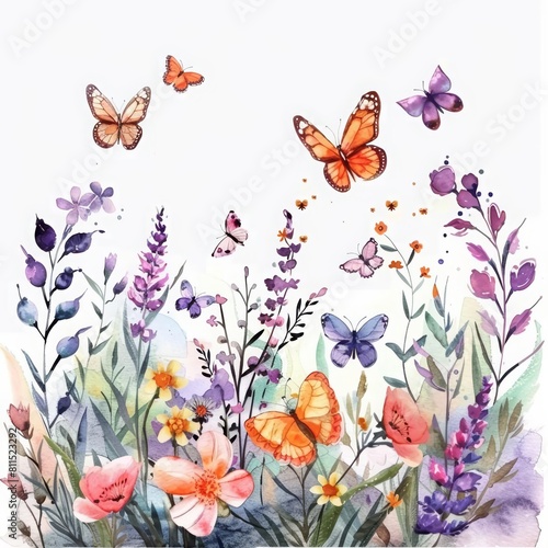 The watercolor painting features a lovely garden scene with butterflies fluttering around flowers, simple yet engaging, Clipart minimal watercolor isolated on white background © Watercolor_Kawaii