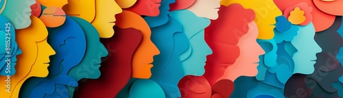 Trendy art paper collage design of stakeholder engagement, shown in solid colors, integrated into a colorful banner