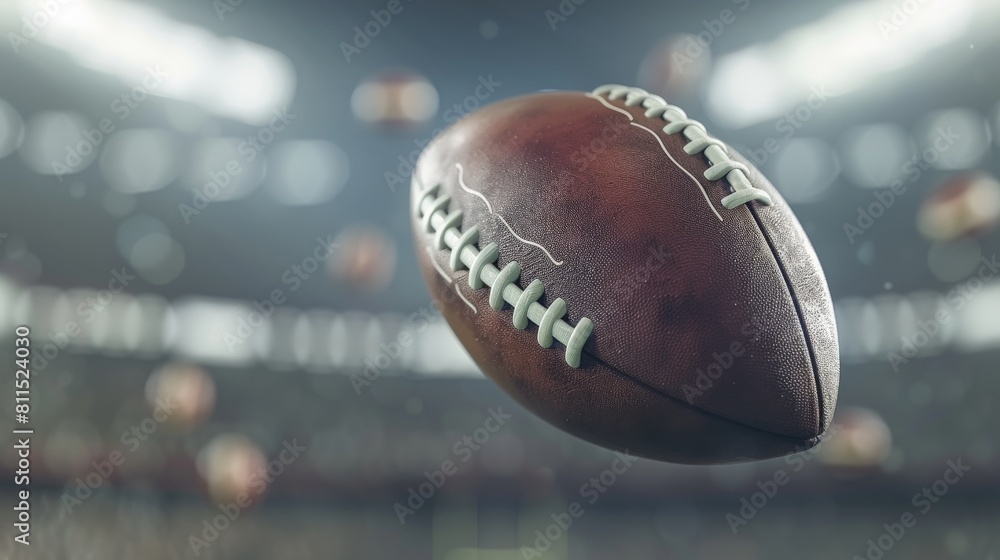 An old leather football floating in mid air with the laces clearly visible.