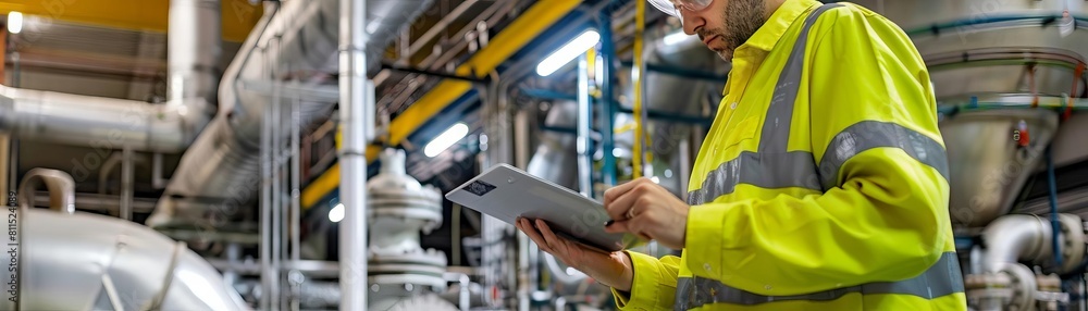 A safety officer inspecting industrial equipment while following compliance checklists on a digital tablet A safety officer inspecting industrial equipment while following compliance checklists on a digital tablet