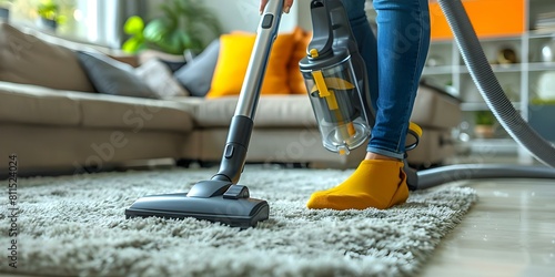 Woman using cordless vacuum cleaner to clean carpeted floor at home. Concept Home cleaning, Cordless vacuum cleaner, Carpeted floor, Woman, Household chores