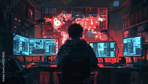 A hacker infiltrating a secure government network in a dimly lit room, surrounded by computer monitors