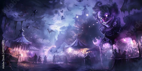 Dark circus with evil clowns and cursed attractions depicted in digital painting. Concept Dark Carnival, Evil Clowns, Cursed Attractions, Digital Painting