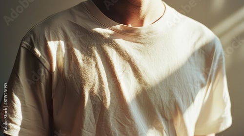 Closeup of a man in a white t-shirt with sunlight