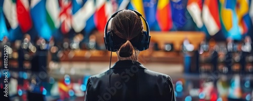 A translator interpreting at a global business conference, wearing headphones and surrounded by international flags photo