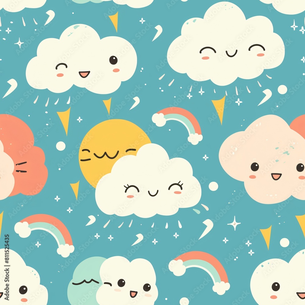 seamless pattern, cute image of white clouds smiling with sun, rainbow and sparkle. seamless pattern, cute image of white clouds smiling with sun, rainbow and sparkle.