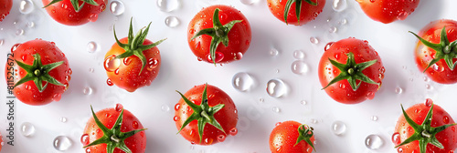 pattern of tomatoes with water droplets on a white background, generative AI