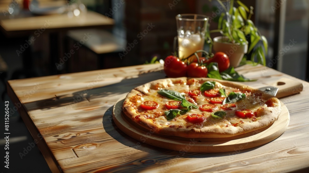 pizza on a round tray with drinks isolated on a detailed wooden table with complementary vegetables pizza on a round tray with drinks isolated on a detailed wooden table with complementary vegetables