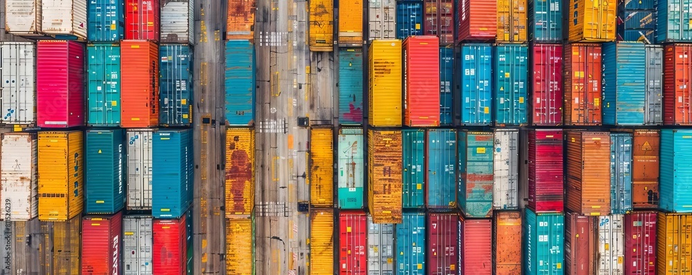 An aerial view of a global distribution center with colorful shipping containers arranged in neat rows An aerial view of a global distribution center with colorful shipping containers arranged in neat rows