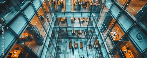 An aerial view of a multinational company s headquarters, employees of different nationalities collaborating inside glass offices photo