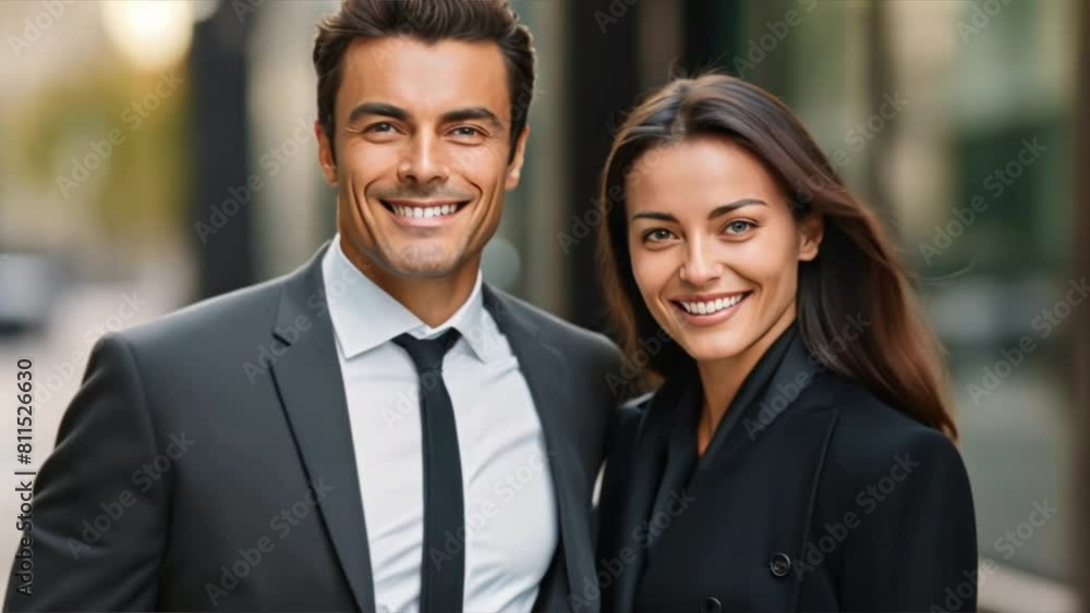A confident, well-dressed couple of business professionals standing close together and smiling at the camera, A confident, well-dressed couple of business professionals standing close together and smiling at the camera,