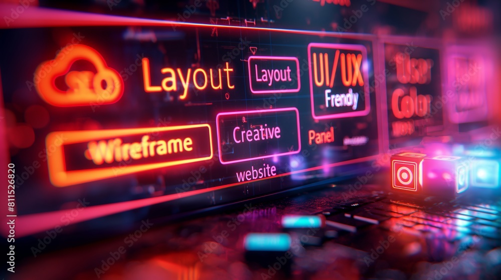 A computer screen displays a vibrant and futuristic user interface with glowing wireframes and layout options, representing advanced UI/UX design technology. A computer screen displays a vibrant and futuristic user interface with glowing wireframes and layout options, representing advanced UI/UX design technology.