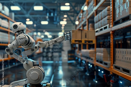 An automated warehouse where robotic arms are stacking and organizing pallets with precision