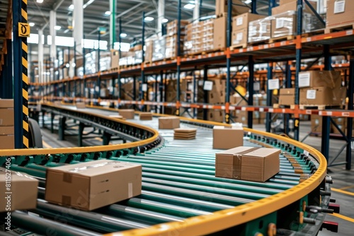 An efficient conveyor belt system in a logistics facility sorting packages by size and destination photo