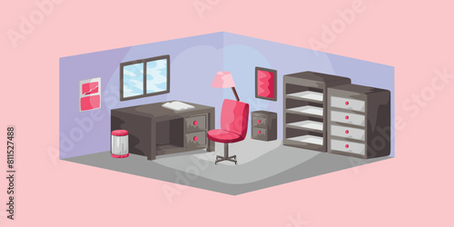 Pink Black Working Studying Room Interior Design Simple Perspective 3D