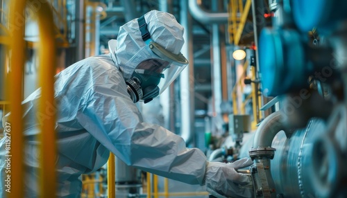 An engineer in protective gear testing emergency shutoff systems at a large chemical plant photo