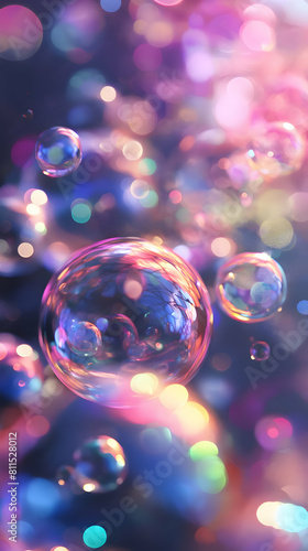 iridescent transparent soap bubbles on a dark purple background 