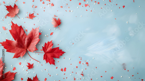 banner for canada day with place for text, red maple leaves on a light blue  background with copy space	 photo