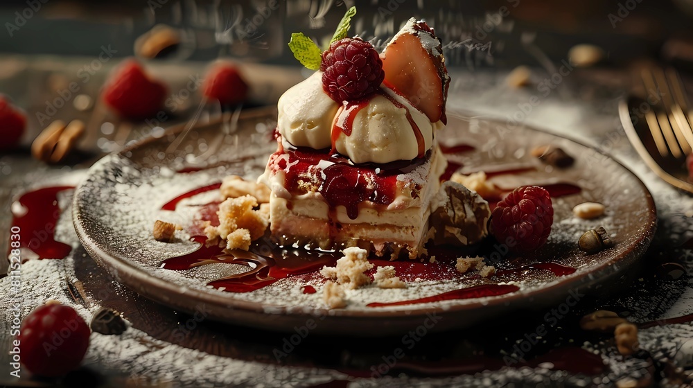 Delicious dessert with ice cream and berries on plate, Generative AI illustrations. Delicious dessert with ice cream and berries on plate, Generative AI illustrations.