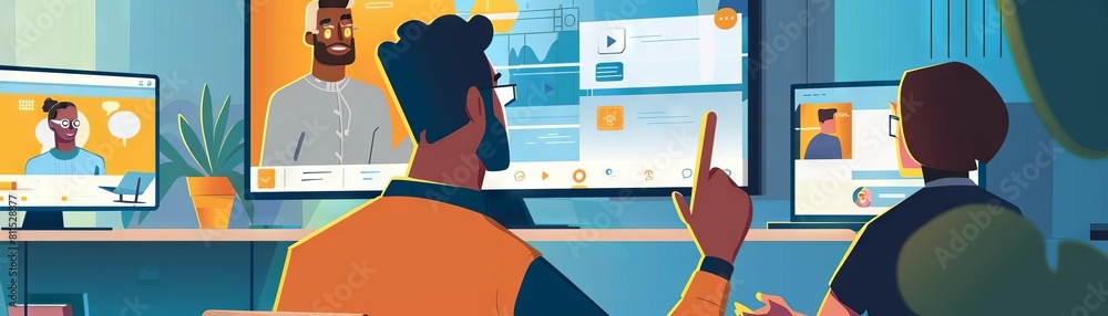 An HR manager leading a virtual onboarding session, with new employees attending remotely on video screens An HR manager leading a virtual onboarding session, with new employees attending remotely on video screens