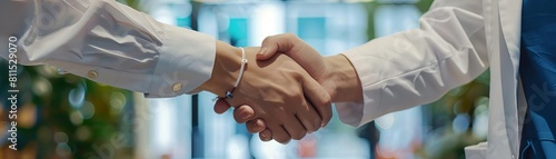 An HR professional shaking hands with a new employee, congratulating them on passing the probation period