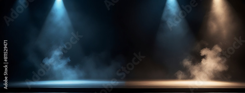 Illuminated stage with scenic lights and smoke. Ray of scenic spot light over black smoky background, square stage illumination background photo