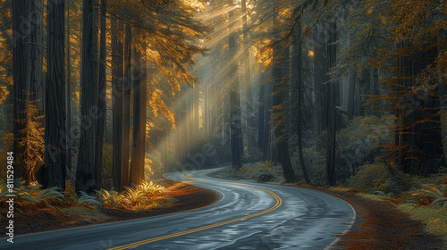 A peaceful  winding road through a redwood forest with misty sunlight filtering through