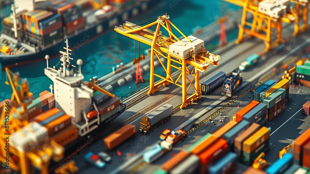 An international shipping terminal with cargo ships, cranes, and trucks loading and unloading products