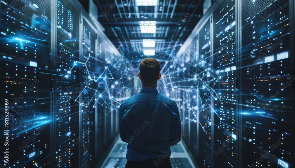 Fototapeta premium An IT professional configuring cloud servers to support remote work and maintain network security