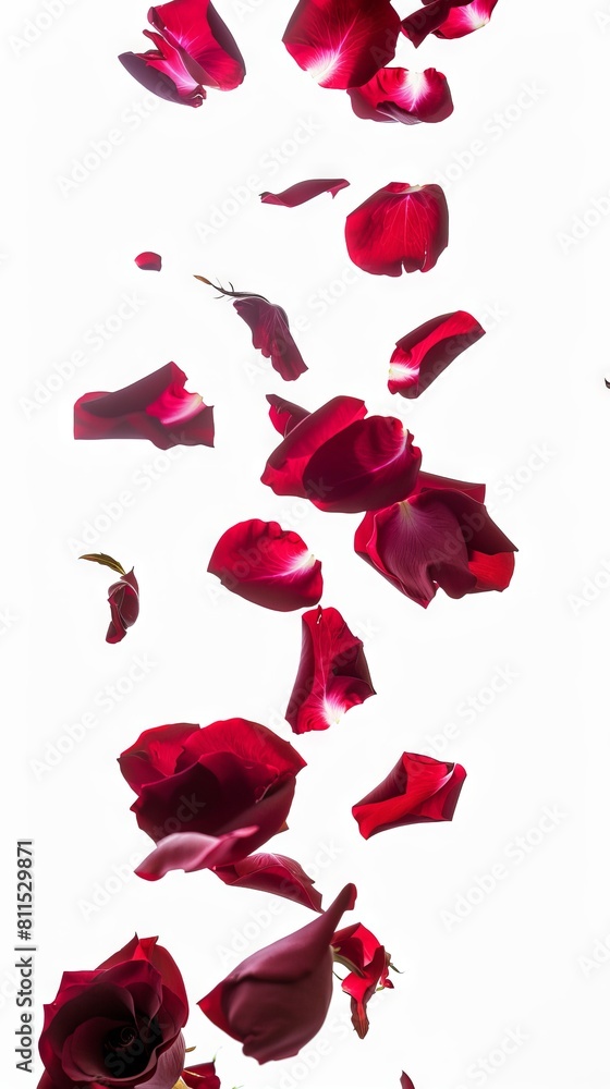 Red rose petals floating in the air Generative AI. Red rose petals floating in the air Generative AI.