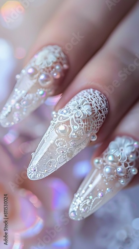 A close up of a woman s nails with white lace Generative AI.