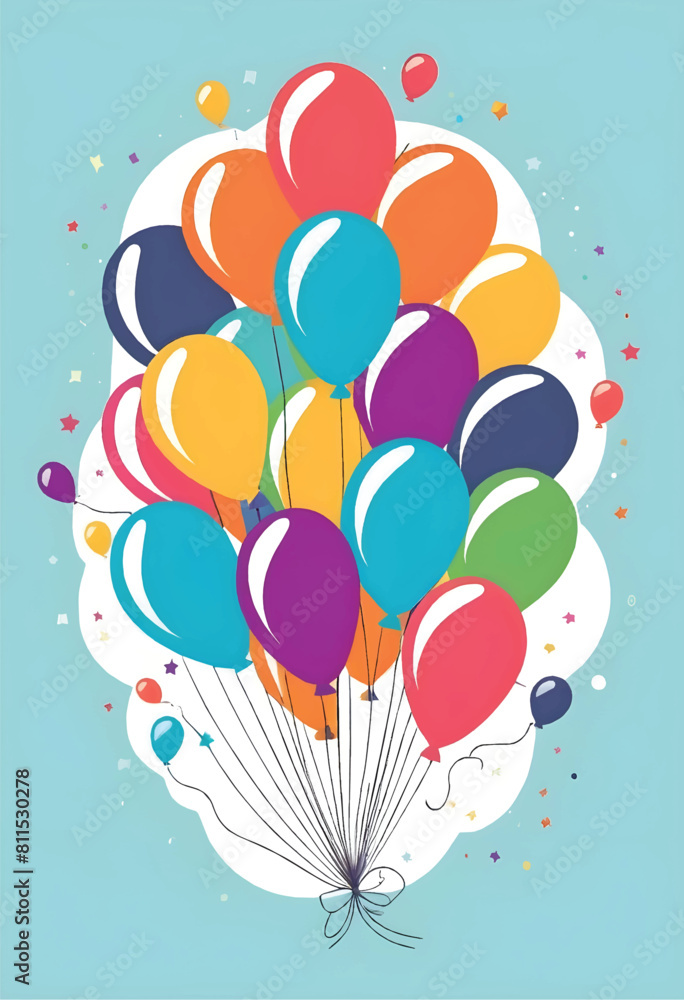 a vector illustration of balloons with a blue background with confetti and stars arround it a vector illustration of balloons with a blue background with confetti and stars arround it