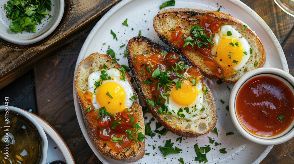Grilled bread topped with sauces for breakfast Grilled bread topped with sauces for breakfast