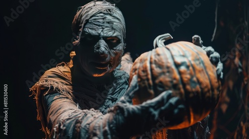 A mummy holding a Halloween pumpkin. halloween concept. AI generated image