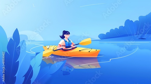 Delighted woman paddling on calm lake with lush greenery