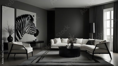 Portrait of modern black and white interior design zebra.generative.ai