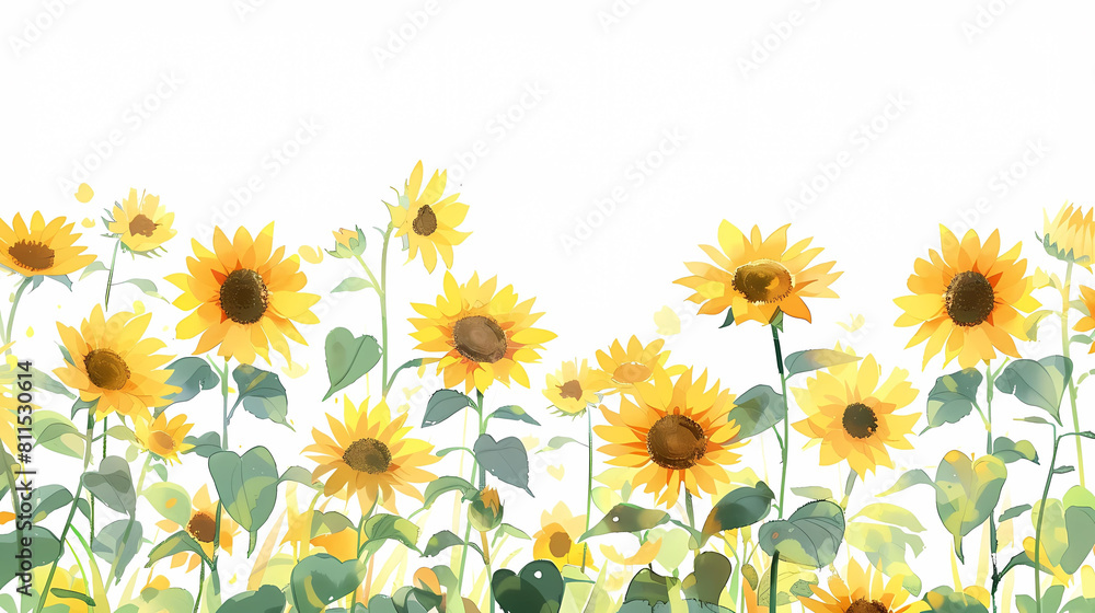 illustration of sunflowers in a field, with a row of yellow sunflowers on the left, followed by a row of yellow sunflowers on the right, and a illustration of sunflowers in a field, with a row of yellow sunflowers on the left, followed by a row of yellow sunflowers on the right, and a