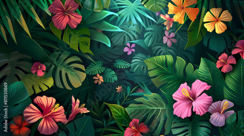 illustration of tropical forest flowers in various shades of pink  purple  orange  and yellow  with green leaves scattered throughout