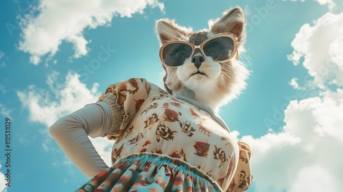 Playful Anthropomorphic Feline in Retro Sunglasses and Pinup Dress in Dynamic Low Angle Composition Generative ai