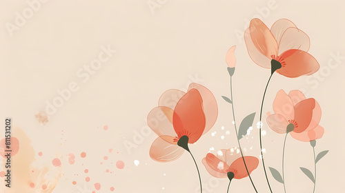 minimalist graphic flowers in pink, orange, and red hues arranged on a white wall, with a green leaf in the foreground